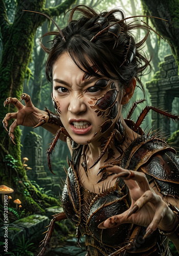 Terrified humanoid cockroach monster concept with Chitinous Armor