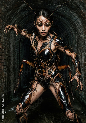 Terrified humanoid cockroach monster concept with Chitinous Armor