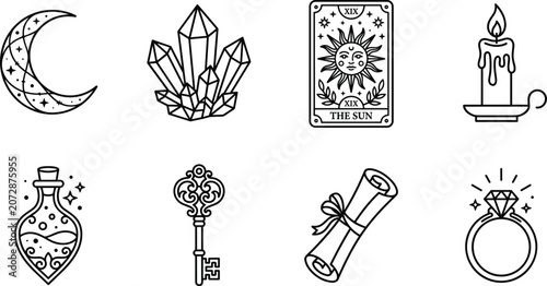 Photos Mystical occult symbols including candle ring tarot scroll crystals key moon and