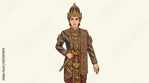 Person in traditional ornate clothing and headdress holding a sword.