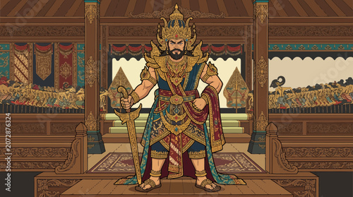 Regal figure in ornate attire stands in a grand hall.