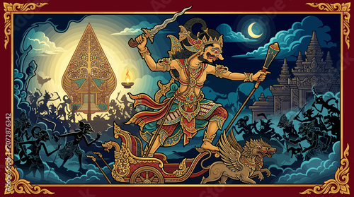 Mythical warrior in chariot with sword and shield under moonlit sky.