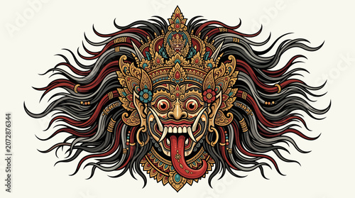Ornate mask with wild hair and fierce expression on white background.