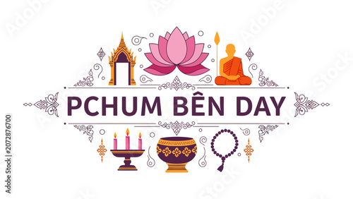Valokuva Pchum Ben Day Celebration: An illustration depicting symbols of Pchum Ben Day, including a pagoda, lotus flower, monk, candles, a alms bowl, and prayer beads, set within ornate decorative borders