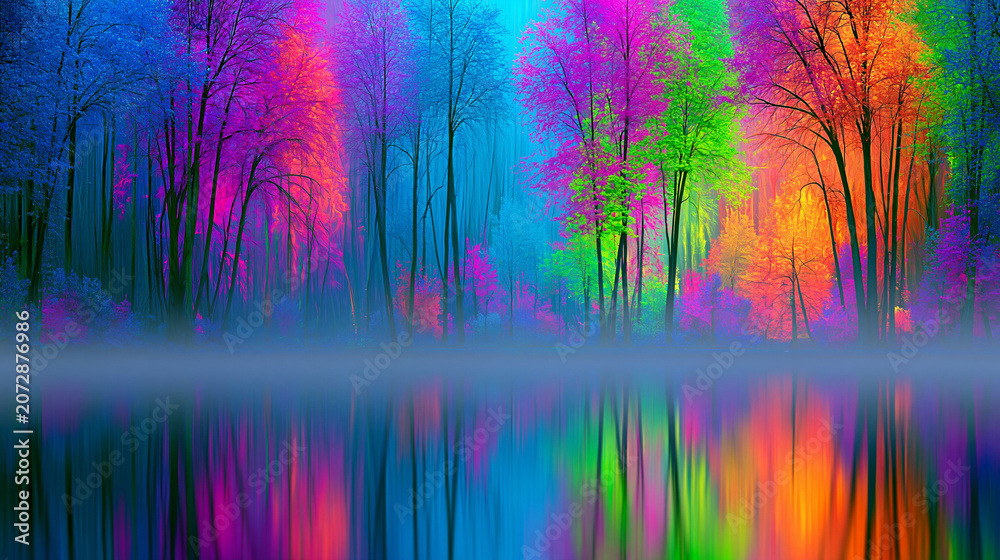 Fototapeta premium Vivid contemporary woodland landscape with neon foliage, lake reflection and motion blur