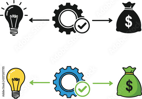 Minimalist vector illustration showing a lightbulb gear and money bag concept for business process flow