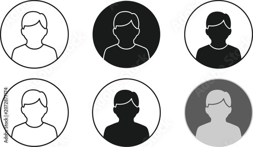 Minimalist vector illustration set featuring six different circular user profile icons for modern web design