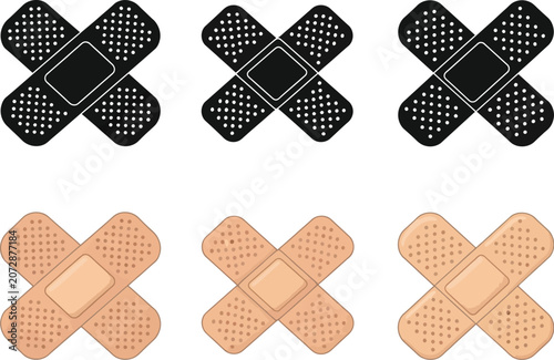 Flat vector illustration showing various adhesive bandage designs in black and beige color palette styles