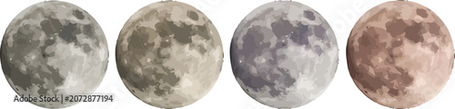 Four detailed moon phase vector illustrations featuring textured craters in various shades of natural grey tones