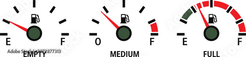 Flat vector illustration design showing three fuel gauge icons with varying levels of gas capacity