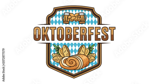 Photos Oktoberfest Emblem with Beer and Pretzel: A stylized emblem celebrating Oktoberfest, featuring two steins of beer and a classic pretzel, set against a blue diamond pattern, evoking a festive spirit