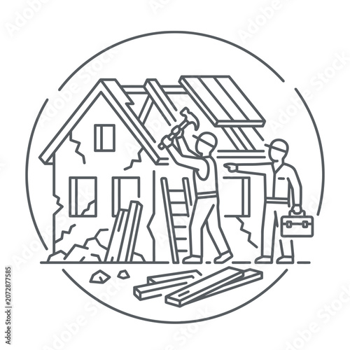 Εκτύπωση καμβά Construction workers rebuilding damaged house after natural disaster