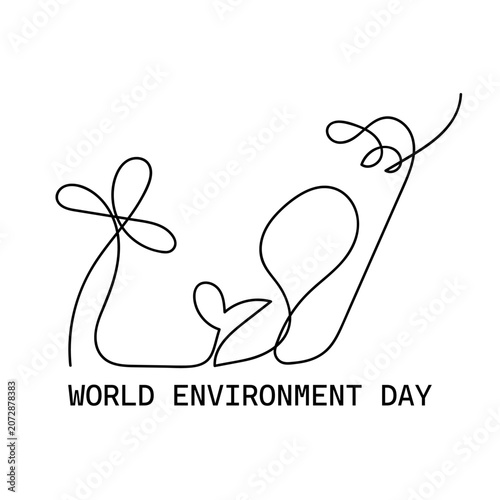 World Environment Day continuous one line drawing with abstract leaves and flowers. Minimalist ecological illustration for environmental awareness campaign, sustainable lifestyle concept, nature.