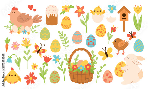 Large set of Easter elements for design on a white background