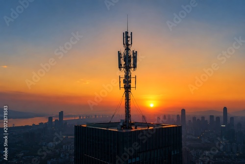 A tall telecommunications tower stands atop a skyscraper against a vibrant sunset sky, overlooking a city skyline.