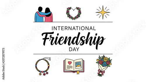 Tableau sur toile Celebrating Friendship: An illustration depicting the spirit of International Friendship Day with symbols of love, connection, and cherished moments, including a couple embracing, a floral wreath