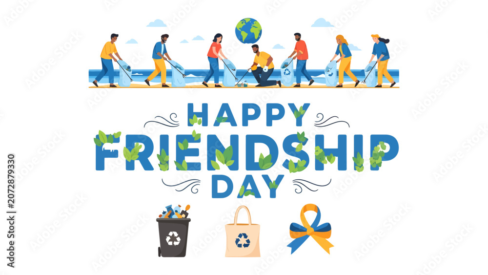 Fototapeta premium Happy Friendship Day: A group of friends collaborates to clean up the environment, symbolizing friendship and shared responsibility towards the planet.