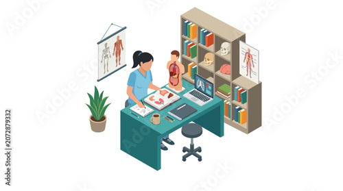 Woman working at a desk in a medical office setting.