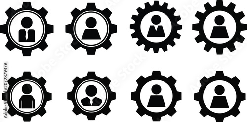 Black and white vector illustration showing multiple gear icons with human silhouette figures inside them