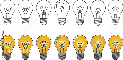 Minimalist vector graphic set showing multiple light bulb illustrations in both off and on states