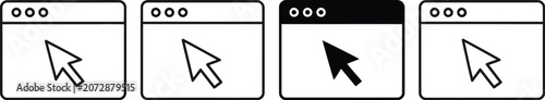 Minimalist black and white vector illustration showing multiple browser window icons with various mouse cursor pointers