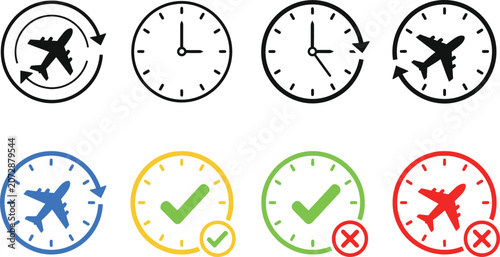 Colorful vector illustration collection featuring various clock and airplane icons for travel and schedule management concepts
