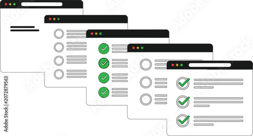 Multiple browser window interface vector graphic showing process completion with green check mark status icons