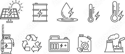 Minimalist vector graphic set showcasing various energy production methods and sustainable resource icons for modern design