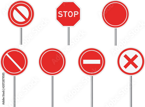 A collection of various red road traffic signs presented as a flat vector graphic illustration set