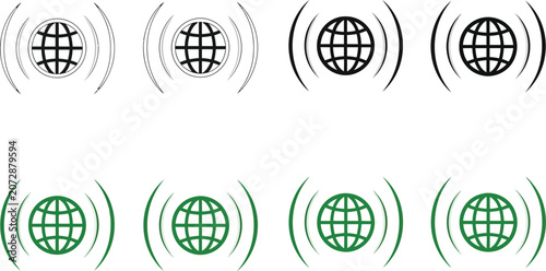 Simple black and green vector graphic globe icons with signal waves for modern web design