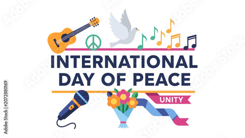 Konstfotografi International Day of Peace: A vibrant graphic celebrating the International Day of Peace with symbols of unity, music, and harmony, including a guitar, dove, microphone, and flowers