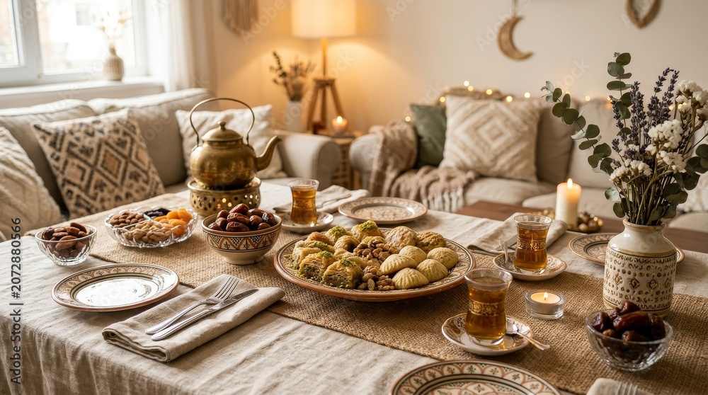 Fototapeta premium Eid Mubarak Muslim Family Dinner Table.