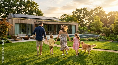 Family with children and dog walking towards modern house in green backyard