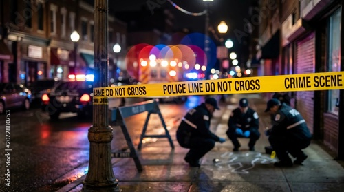 Police officers investigating crime scene on a wet city street at night