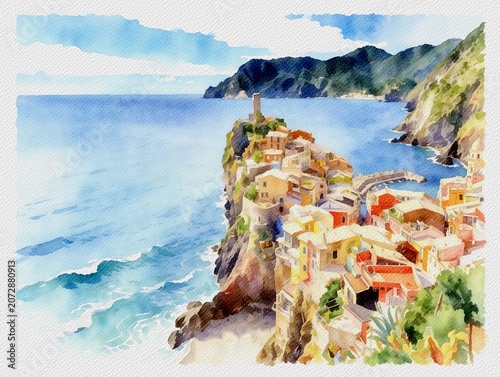 Obraz na plátně Digital watercolor hand painted Italian sea Sanremo landscape
