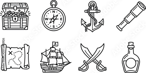 Tableau sur toile Pirate icons with treasure chest compass anchor spyglass map ship swords and rum