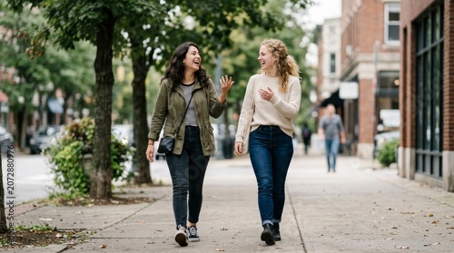Two young women walking on sidewalk.