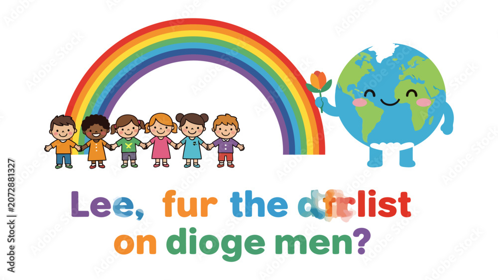 Naklejka premium Rainbow Arch Embracing Earth's Children: A vibrant illustration depicts diverse children holding hands beneath a colorful rainbow, alongside a cheerful cartoon Earth offering a flower.