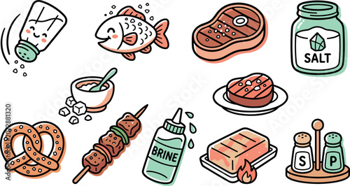 Fényképezés Vector cute cartoon icon set with colorful shapes featuring culinary salt season