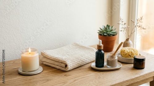 Spa products on wooden table.