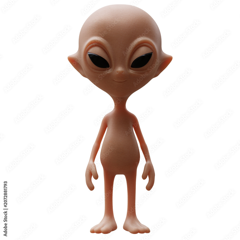 Fototapeta premium Cute cartoon alien character with large black eyes front view isolated on white transparent