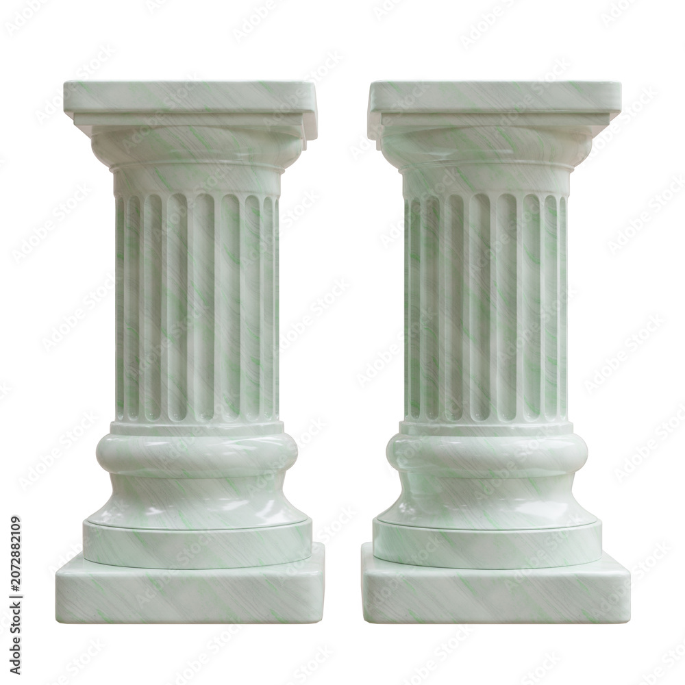 Naklejka premium Two fluted classical marble columns with green veining stand side by side, isolated on white transparent