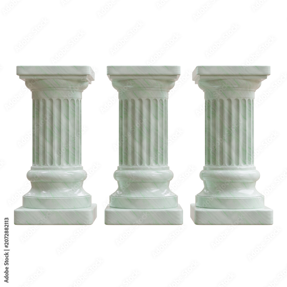 Naklejka premium Three marble classical columns stand with fluted shafts and square bases, isolated on white transparent