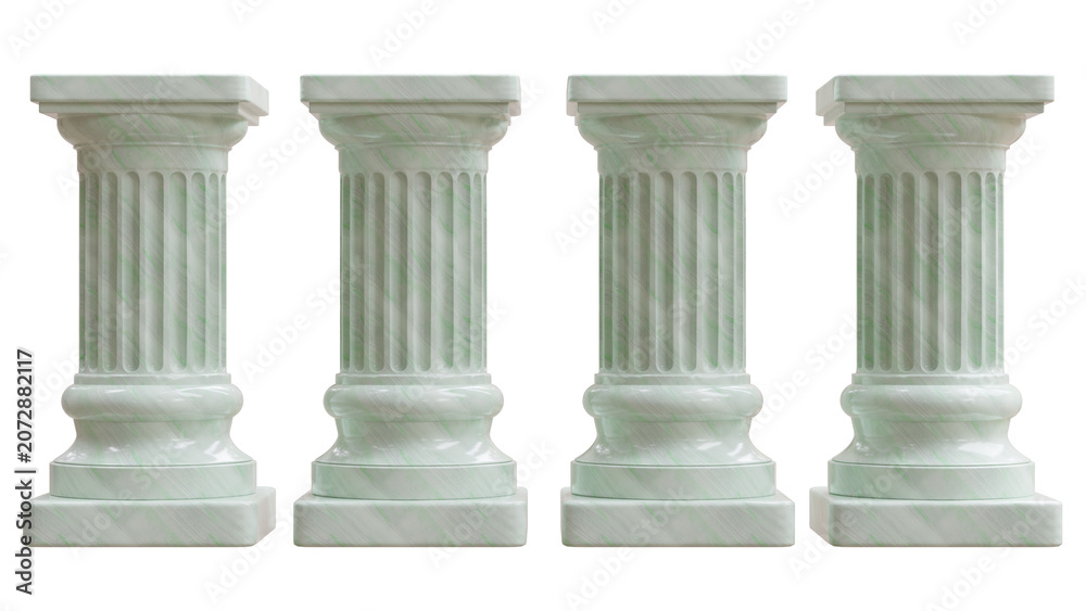 Naklejka premium A set of four green veined marble columns with fluted shafts and square bases is isolated on white transparent