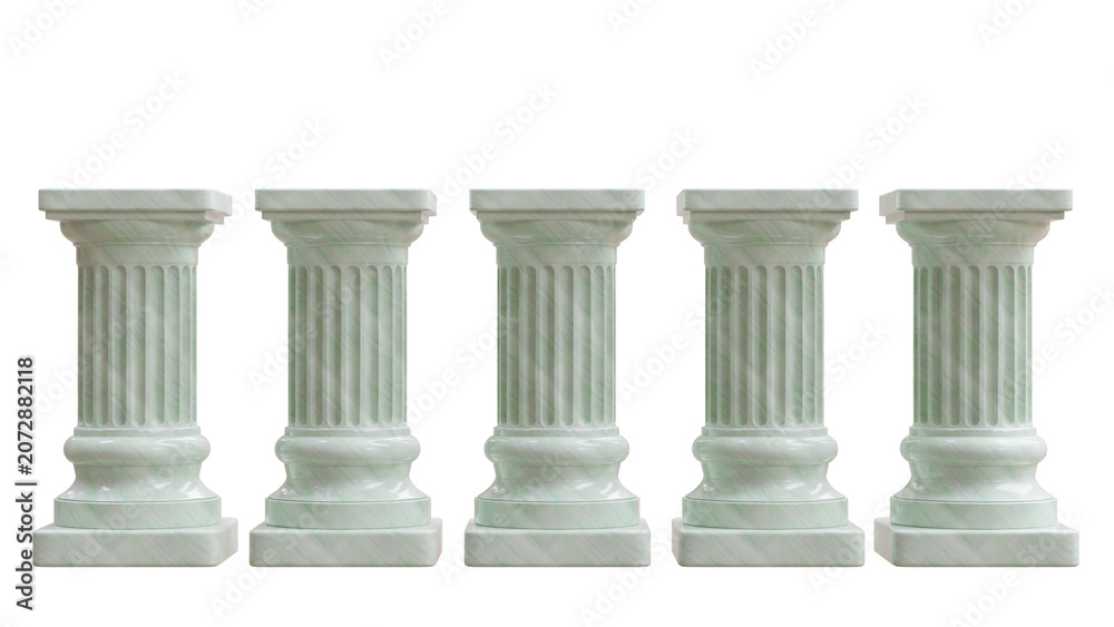 Naklejka premium Five pale green marble columns with fluted shafts and square capitals stand isolated on white transparent for classical architectural design