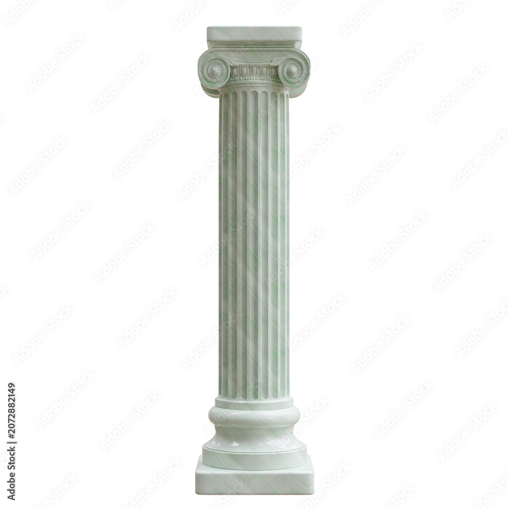 Naklejka premium Marble Ionic column with a fluted shaft and volute capital, isolated on white transparent for architectural design use