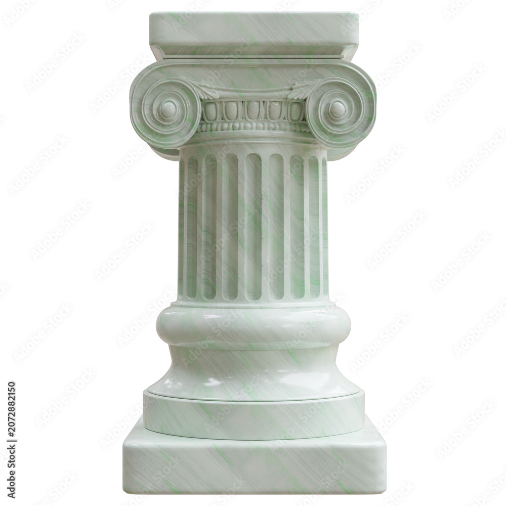 Naklejka premium Green veined classical Ionic column with a fluted shaft and polished marble surface, isolated on white transparent