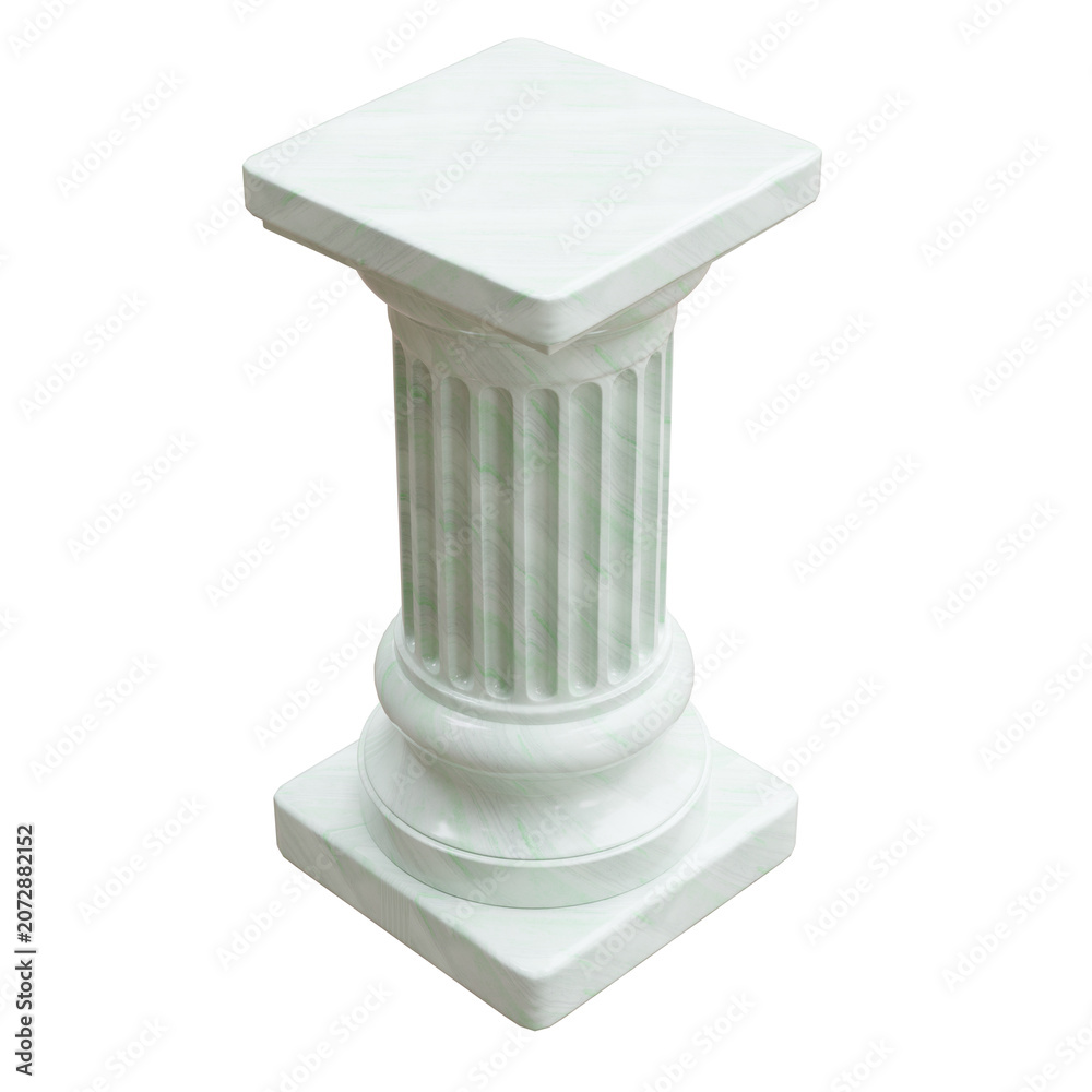 Naklejka premium White marble classical pedestal with fluted column, square cap, and veined stone texture, isolated on white transparent