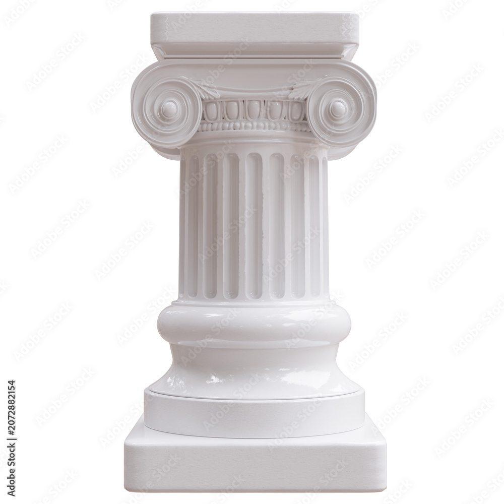 Naklejka premium A glossy white Ionic column capital on a fluted shaft with a square plinth is isolated on white transparent