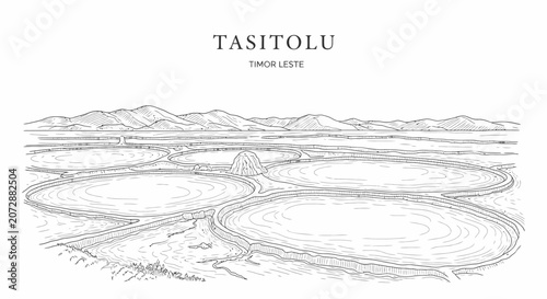 Fotografía A lineart drawing of the Tasitolu landscape in Timor Leste featuring saline lake